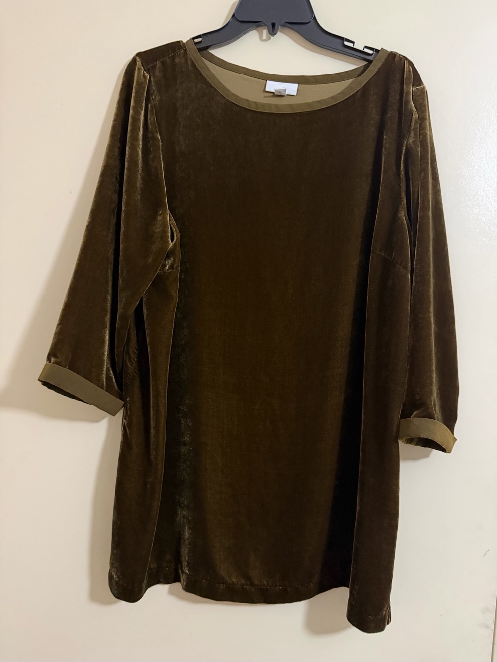 J Jill 3/4 Sleeve Vneck Pullover Tunic  Velour Olive Blouse Top Sz L